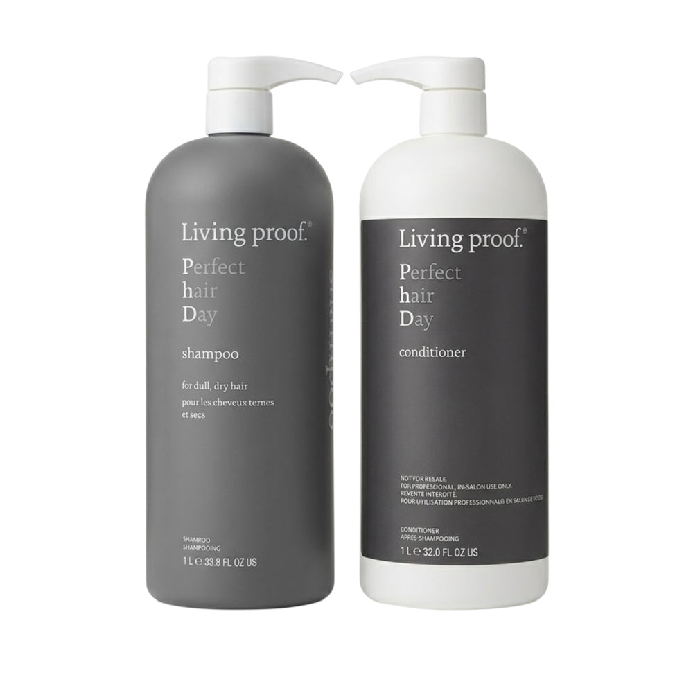 Living Proof Perfect Hair Day shampoo and conditioner set, 32 oz bottles, with sleek packaging and product labels visible.