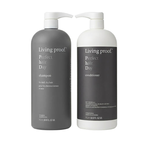 Living Proof Perfect Hair Day shampoo and conditioner set, 32 oz bottles, with sleek packaging and product labels visible.
