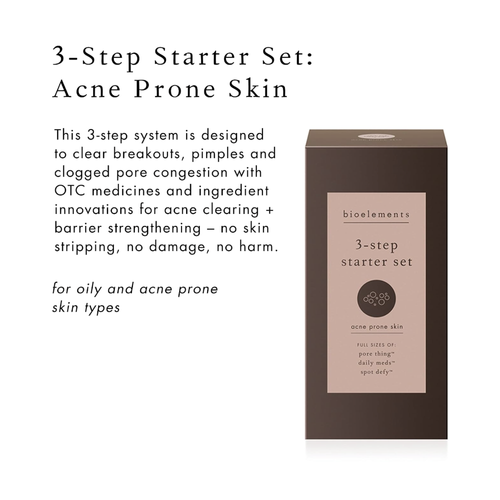 Bioelements 3-Step Starter Set: Acne Prone Skin, Includes Pore Thing, Daily Meds & Spot Defy