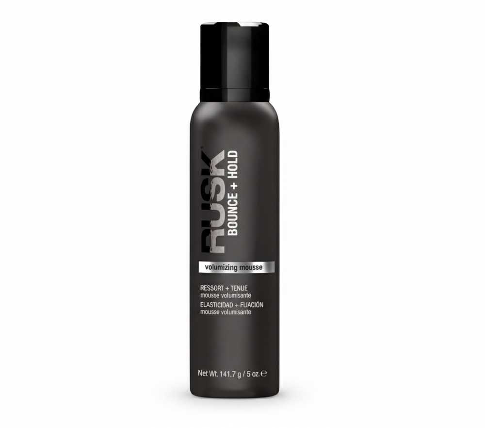 Rusk Volumizing Mousse Bounce + Hold in 5 oz bottle, creamy hair styling mousse with volumizing and hold properties, shown in the image.