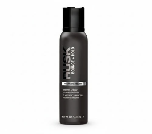 Rusk Volumizing Mousse Bounce + Hold in 5 oz bottle, creamy hair styling mousse with volumizing and hold properties, shown in the image.