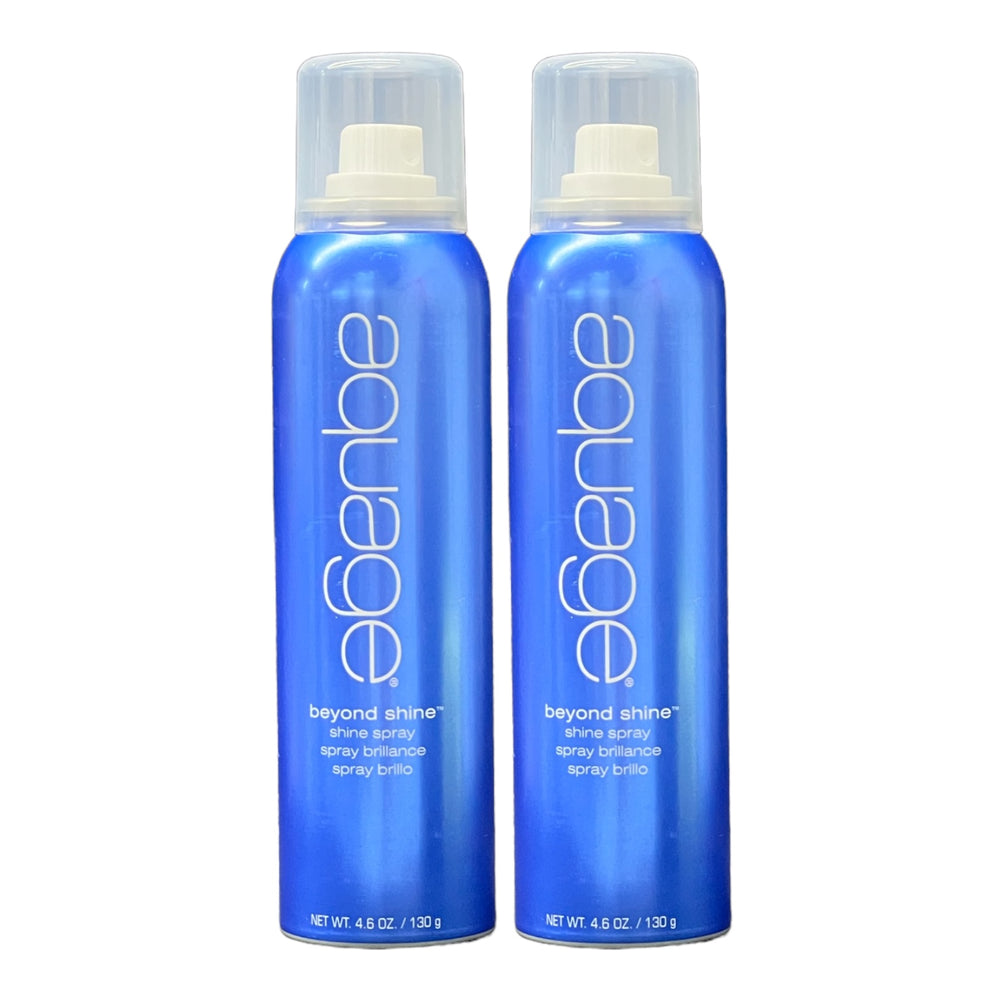 Aquage Beyond Shine hair spray in 4.6 oz bottles, pack of 2, providing a glossy finish and strong hold for styled hair.