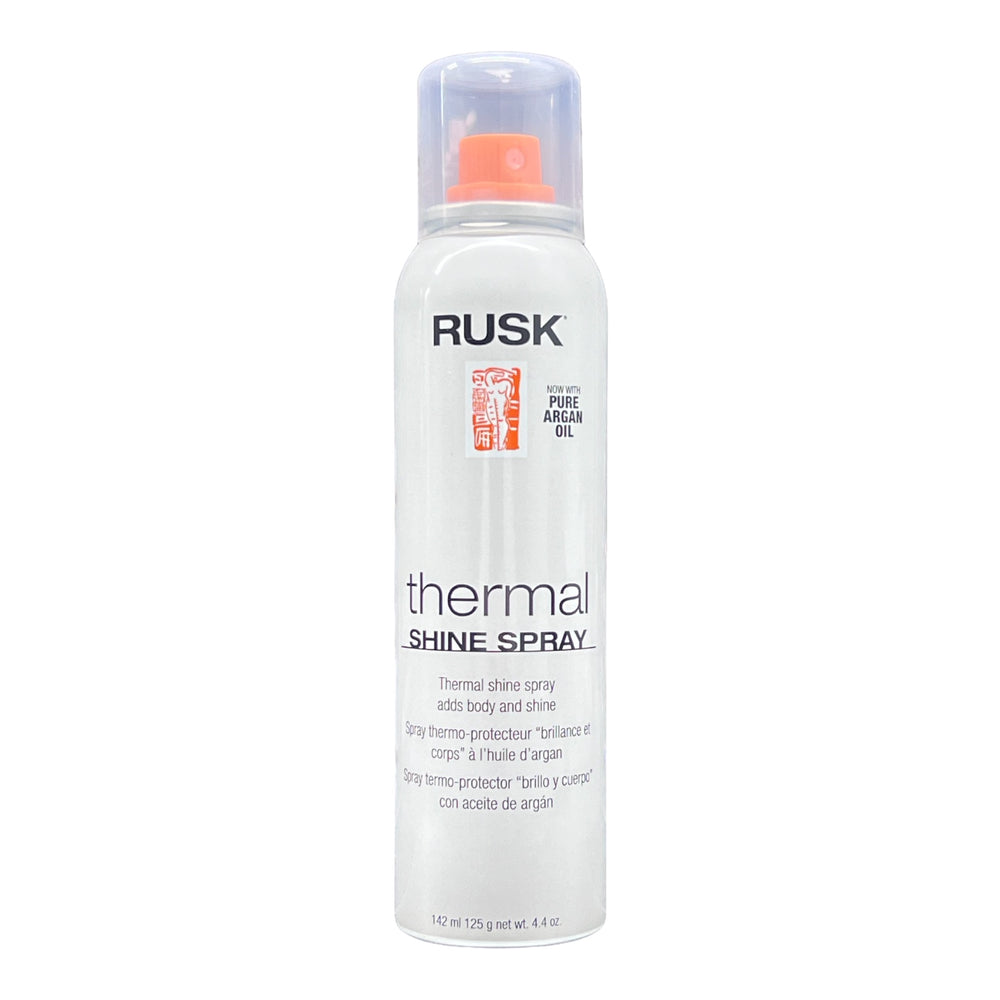 Rusk Thermal Shine Spray with Pure Argan Oil, 4.4 oz, a hair spray in a clear bottle with a spray nozzle and label.