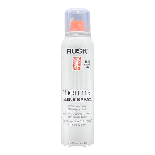Rusk Thermal Shine Spray with Pure Argan Oil, 4.4 oz, a hair spray in a clear bottle with a spray nozzle and label.