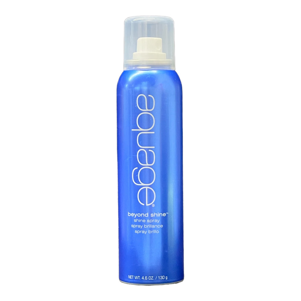 Aquage Beyond Shine hair spray in 4.6 oz bottle, glossy finish, with a spray nozzle, designed to add shine and hold to hair.