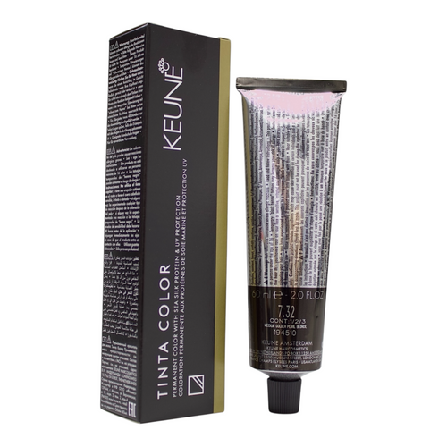 Keune Tinta Color 7.32 medium golden pearl blonde hair color bottle, showing the product label and color swatch.