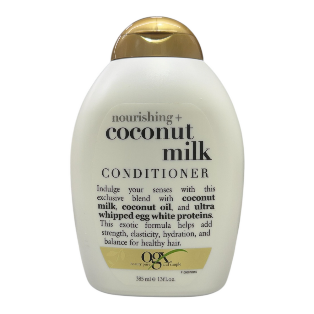 Living Proof OGX Nourishing Coconut Milk Conditioner in 13 oz bottle, showing its sleek packaging and creamy conditioner inside.