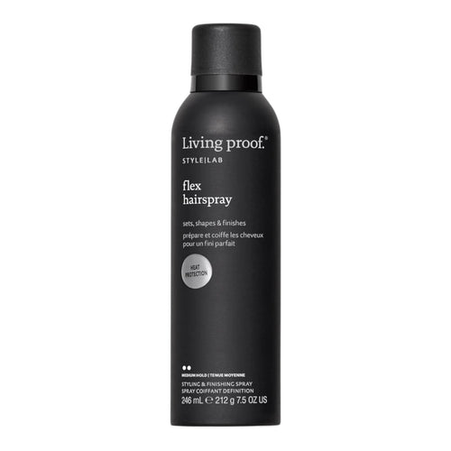 Living Proof Flex Shaping Hairspray 7.5 oz spray with a clear nozzle, designed to hold hairstyles while maintaining flexibility.