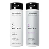 Zenagen Revolve men's thickening shampoo and conditioner set for fine hair, 6.75 oz bottles, in a natural bathroom setting