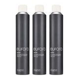 Eufora Elevate Firm Workable Finishing Spray 10 oz bottles, three-pack, displaying spray nozzle and product label.