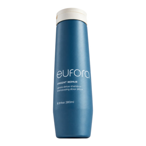 Eufora Urgent Repair Gentle Detox Shampoo 9.5 oz bottle, creamy formula, side view showing product label and packaging details.