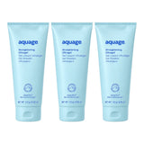 Three 6 oz bottles of Aquage Straightening UltraGel for hair relaxers and straightening, with sleek gel packaging visible.