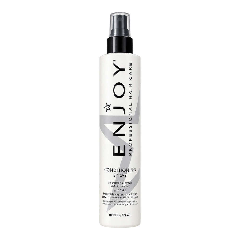 Enjoy Professional Hair Conditioning Spray in a 10 oz bottle, designed to nourish and detangle hair with a lightweight formula.