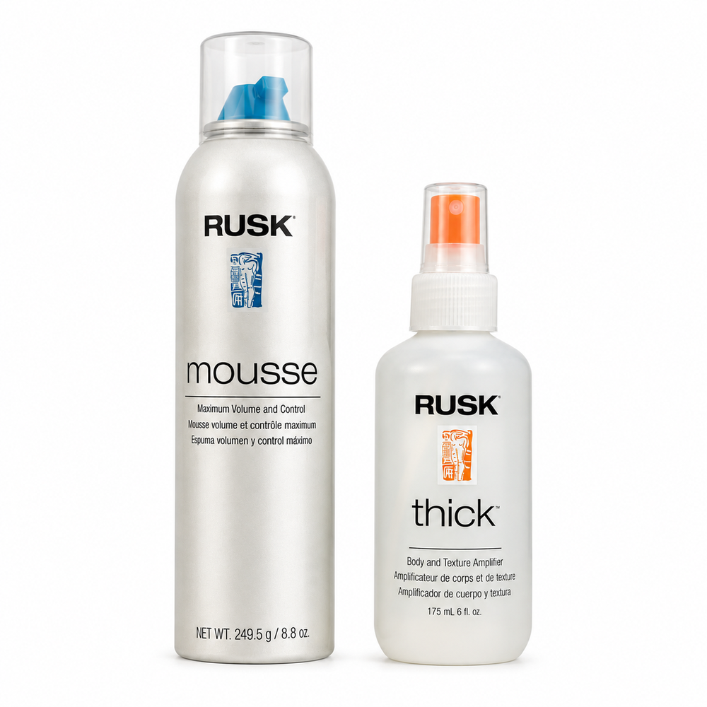 Rusk Mousse Maximum Volume and Control 8.8 Oz  and Thick Body+Texture Amplifier 6 Oz