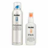 Rusk Mousse Maximum Volume and Control 8.8 Oz  and Thick Body+Texture Amplifier 6 Oz