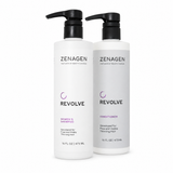 Zenagen Revolve women’s thickening shampoo and conditioner set, 16 oz bottles, with sleek pump dispensers and vibrant packaging.